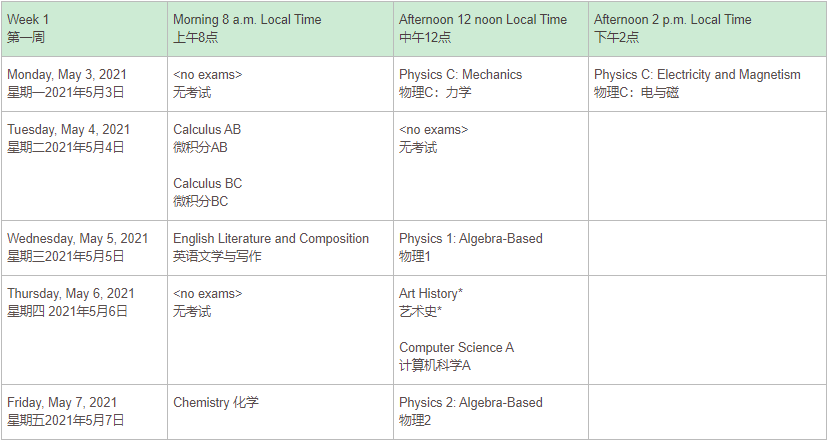 AP考试时间表