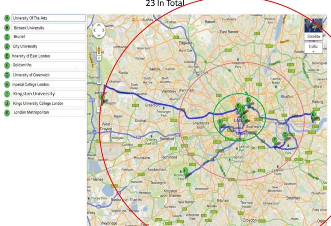 帝国理工、KCL、UCL、LSE、伦敦大学城市学院都是在伦敦市区比较中心的位置