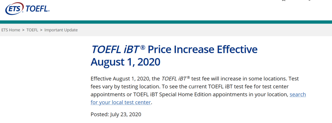 8月1日起某些地区的TOEFL iBT报名费用上涨